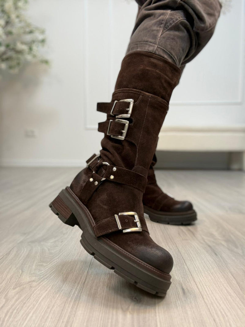 Divine Follie Stivali Biker Donna Camoscio Marrone