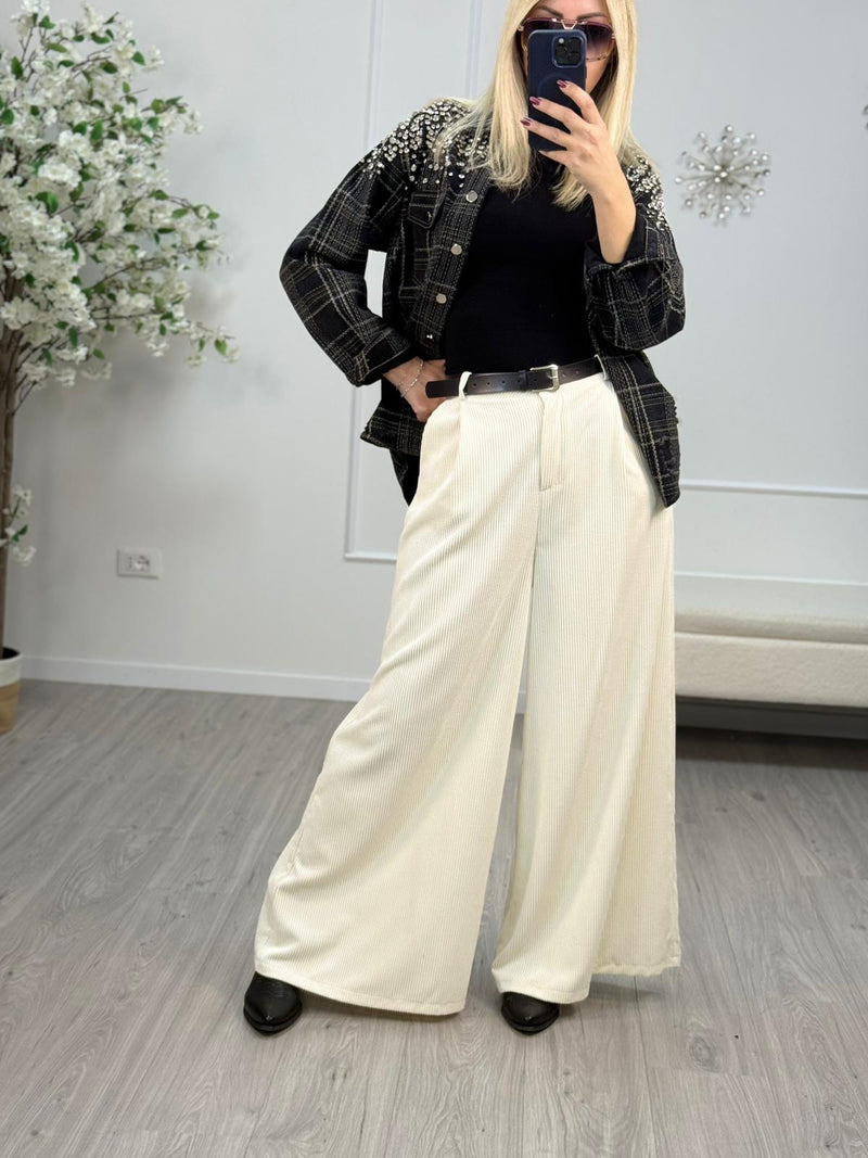 HaveOne Pantaloni Palazzo Donna Velluto Millerighe Bruciato/Burro