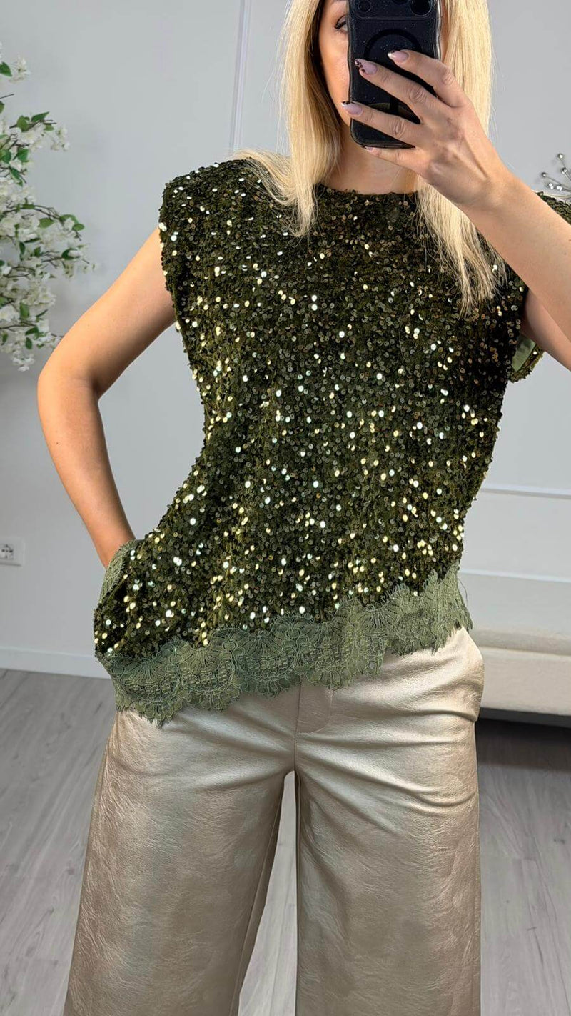 Tensione In Maglia Asimmetrica Donna Verde Militare con Paillettes e Pizzo