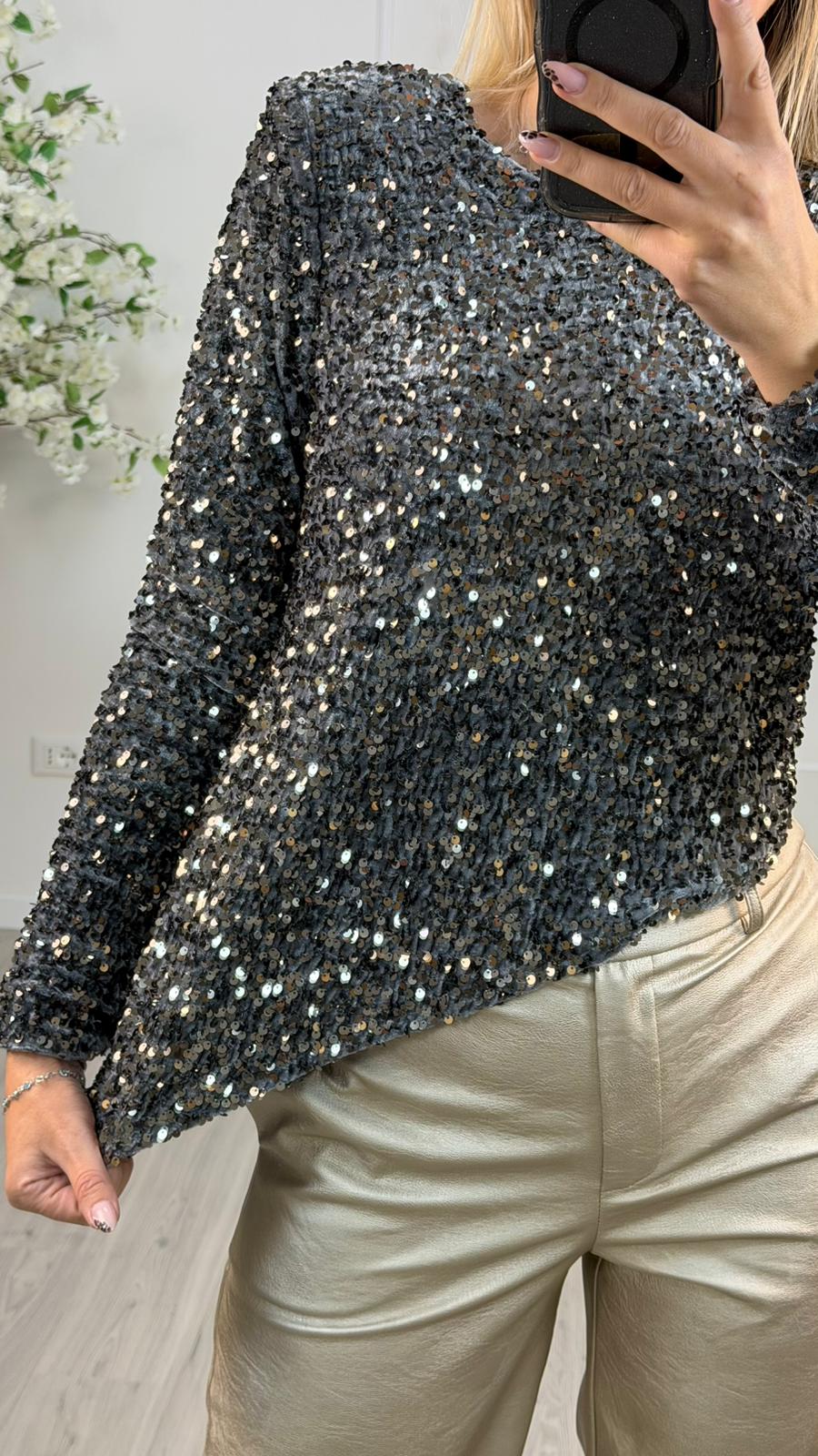 Maglia Asimmetrica con Paillettes Grigio – Tensione In