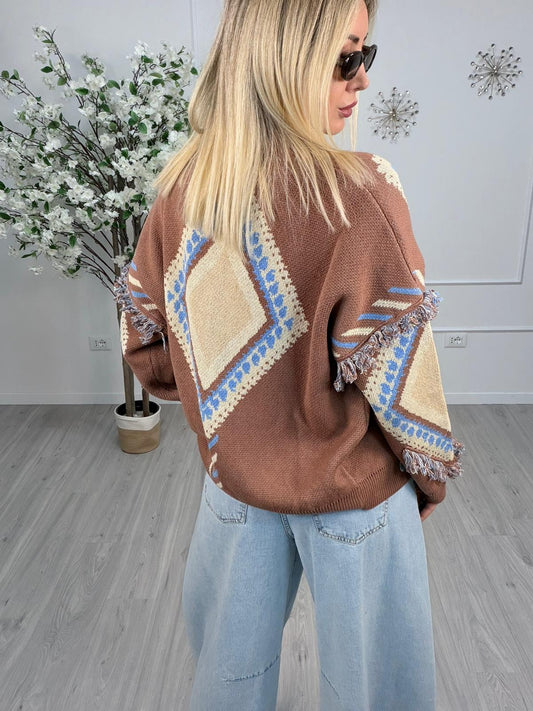 Tensione in-Cardigan rombi con frange - beige/cuoio/azzurro