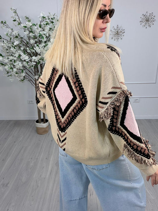 Tensione in-Cardigan rombi con frange - pink/beige/nero