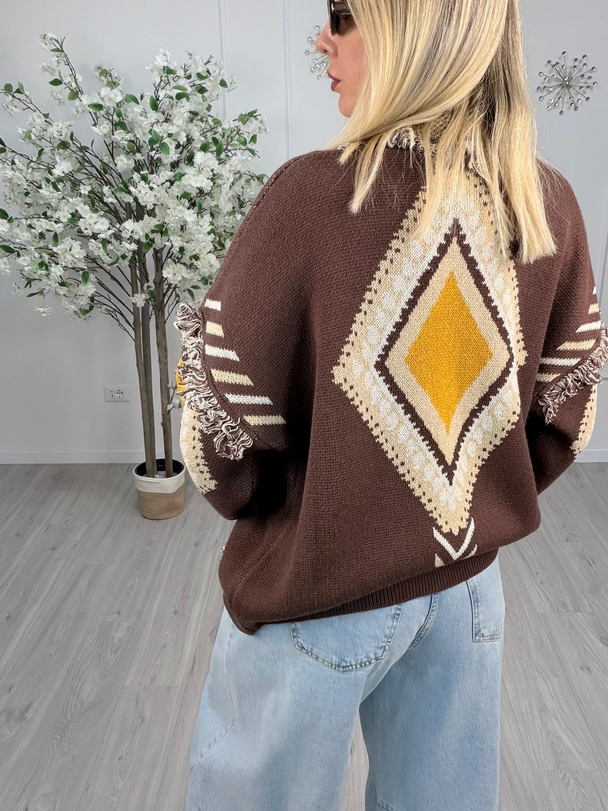Tensione in-Cardigan rombi con frange - brown/beige/senape