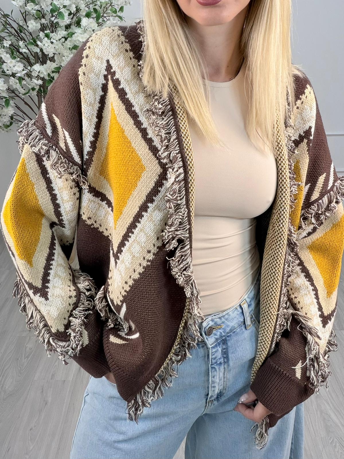 Tensione in-Cardigan rombi con frange - brown/beige/senape