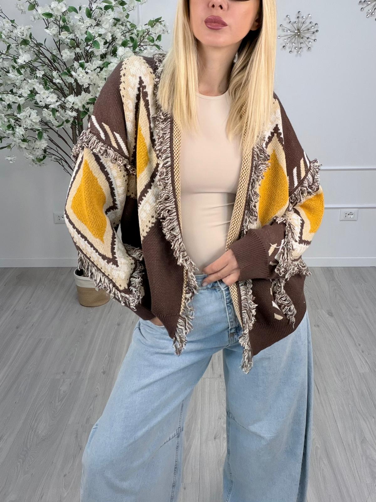 Tensione in-Cardigan rombi con frange - brown/beige/senape
