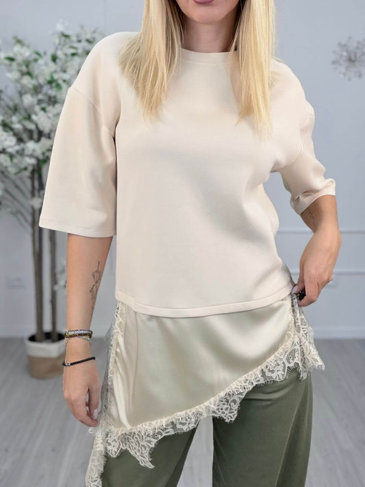 Haveone T-shirt Donna Raso e Pizzo Asimmetrico