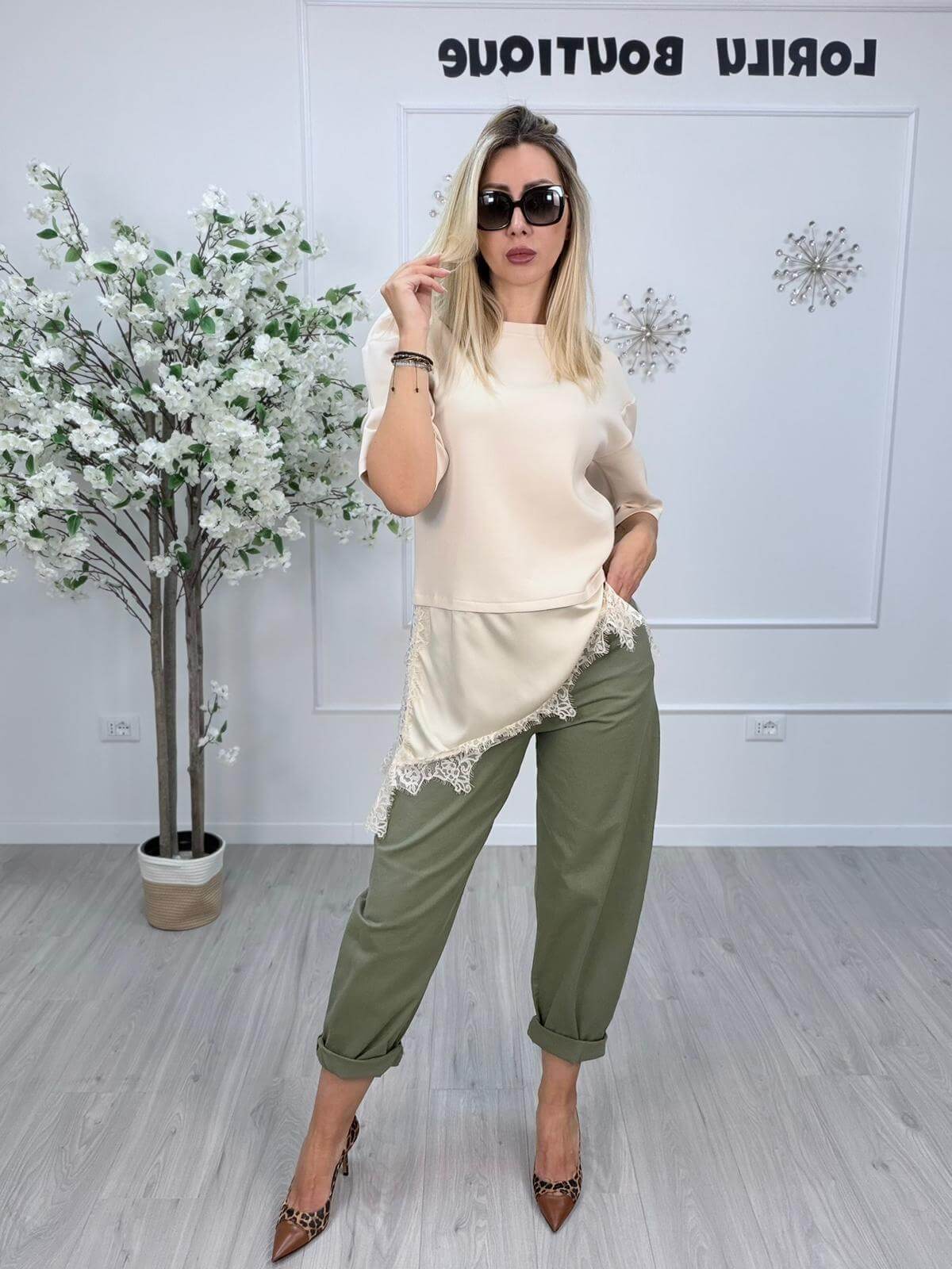 Haveone T-shirt Donna Raso e Pizzo Asimmetrico