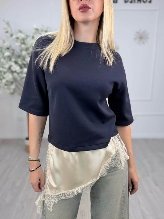 Haveone T-shirt Donna Raso e Pizzo Asimmetrico