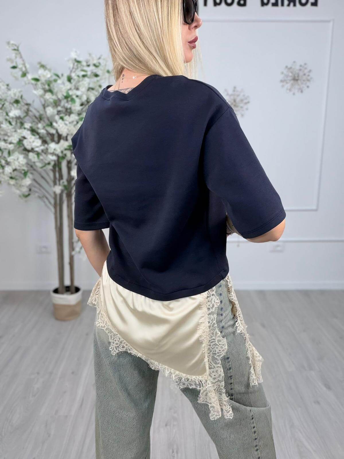 Haveone T-shirt Donna Raso e Pizzo Asimmetrico