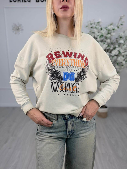 Felpa Scritta Rewind - Haveone, taglia unica, 60% cotone e 40% poliestere, indossata da modella.