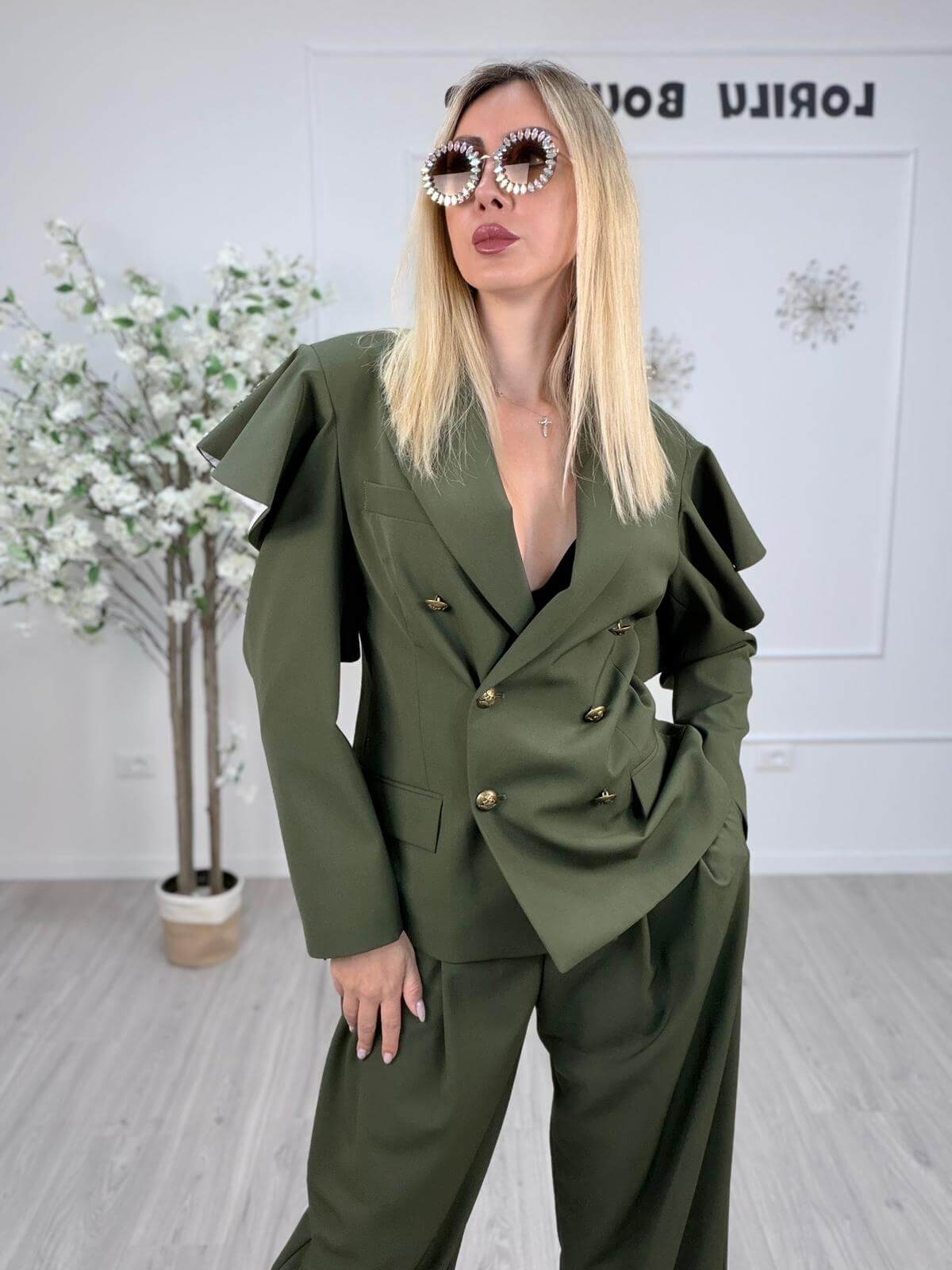Vicolo Giacca Doppiopetto Donna con Rouches sulle Spalle