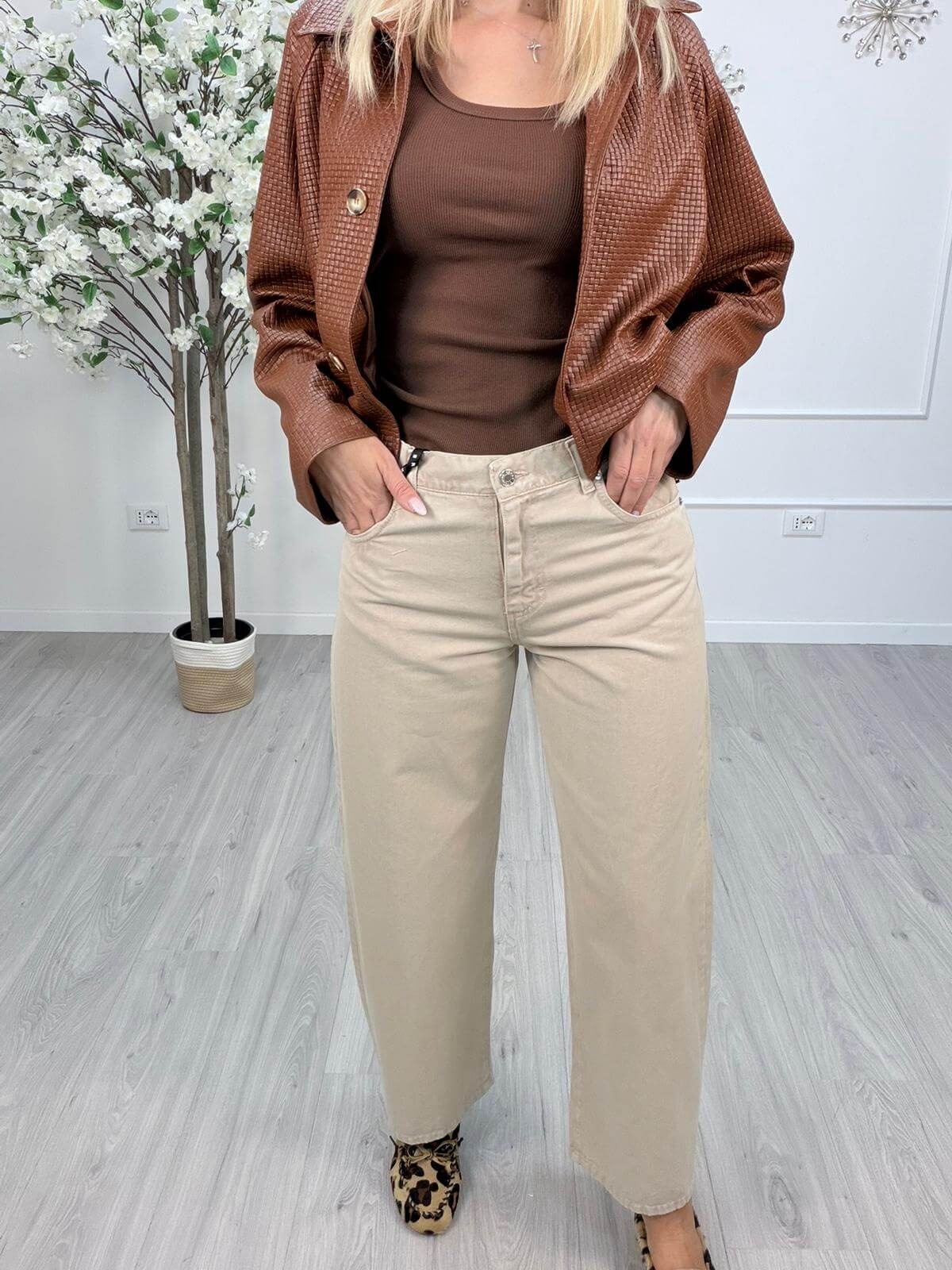 Haveone Pantalone Donna BELLA Wide Leg Lavaggio Acido Beige