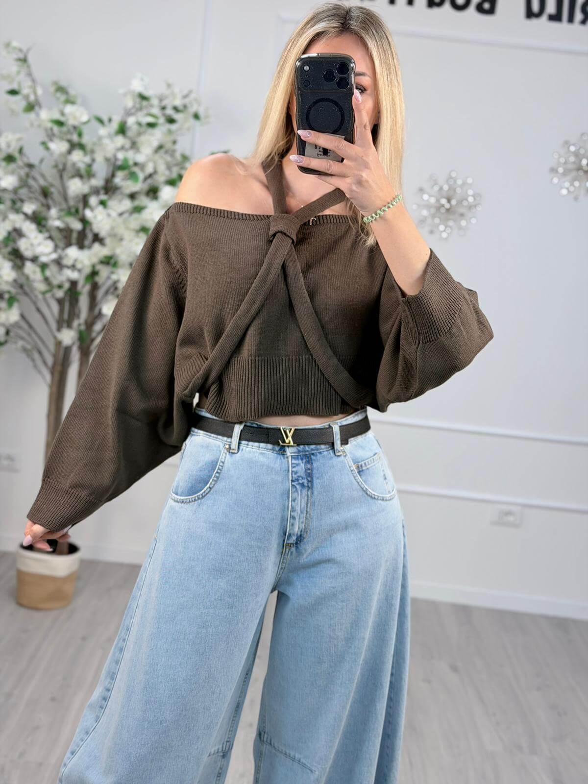 HAVEONE Maglia Spalle Scoperte Donna Marrone