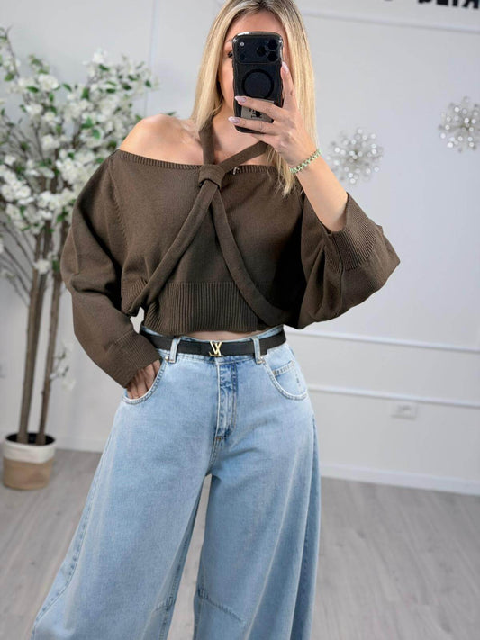 HAVEONE Maglia Spalle Scoperte Donna Marrone