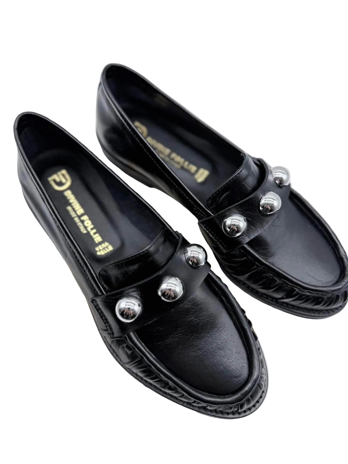 Divine Follie Mocassino Donna Pelle Nera con Sfere Silver