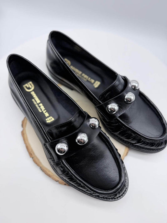 Divine Follie Mocassino Donna Pelle Nera con Sfere Silver