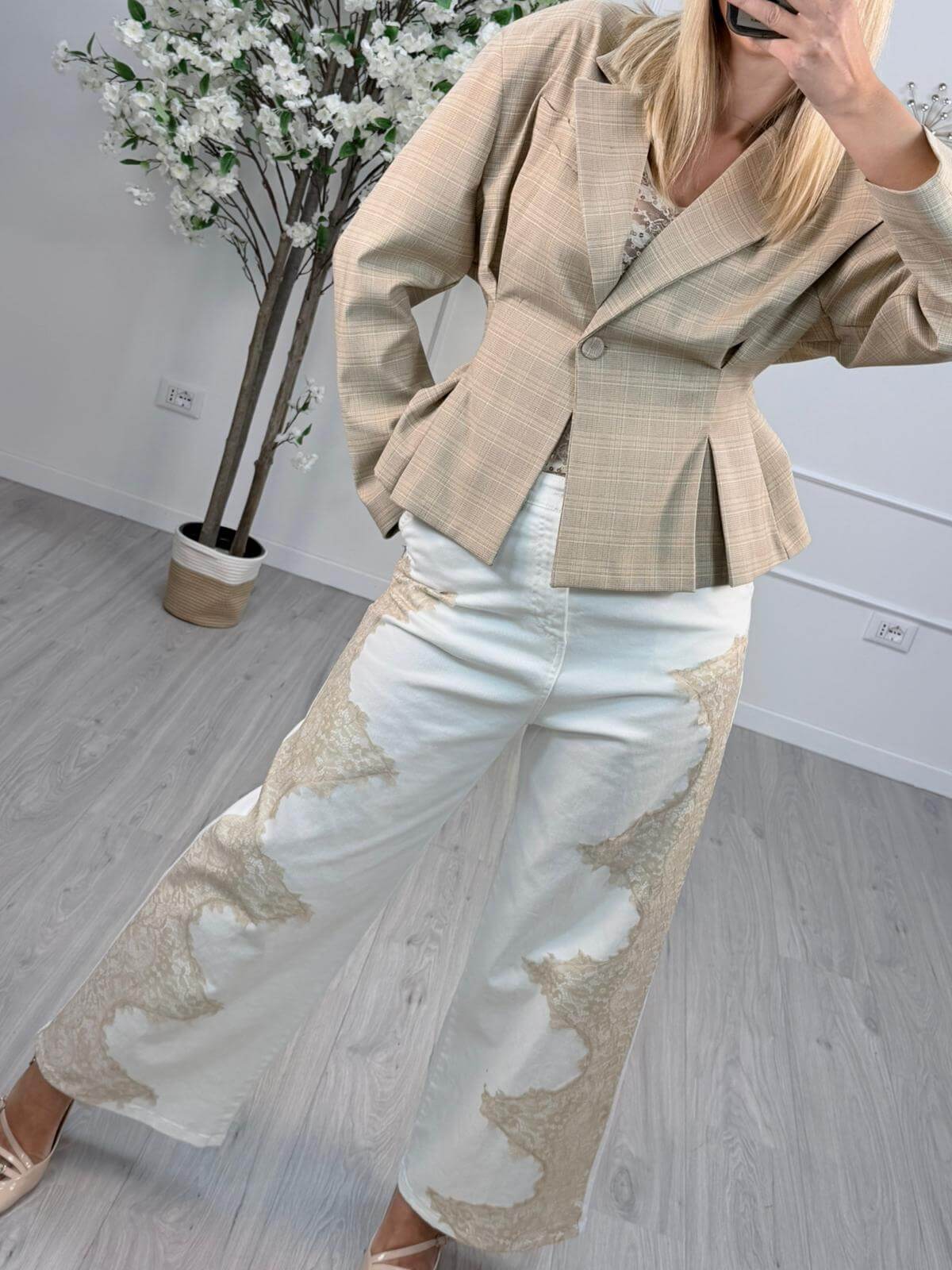 Souvenir Pantalone Wide Leg Donna con Intarsi in Pizzo Sabia