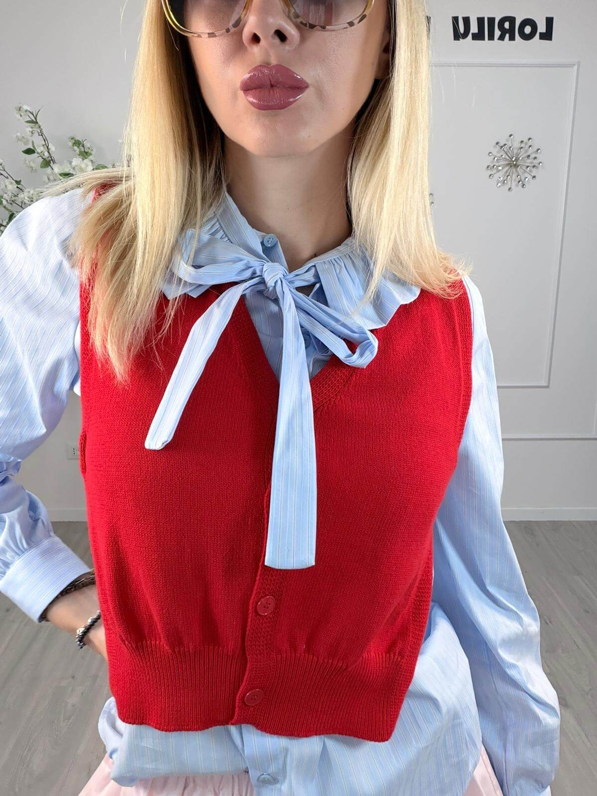 Vicolo Gilet Cropped Donna Rosso/Panna
