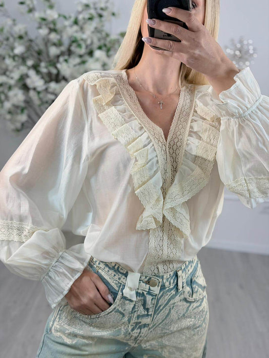 Susy Mix Blusa Volant Donna Rétro e Pizzo