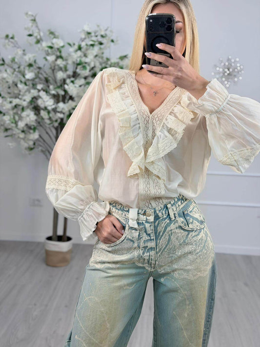 Susy Mix Blusa Volant Donna Rétro e Pizzo