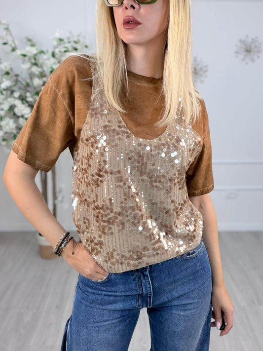 HaveOne T-shirt Donna Glamour Cammello con Paillettes