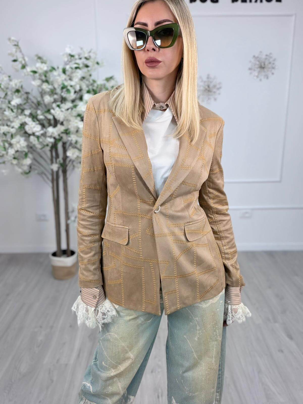 Susy Mix Blazer Donna Beige Suede Ricamato