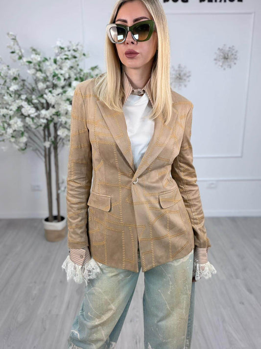 Susy Mix Blazer Donna Beige Suede Ricamato
