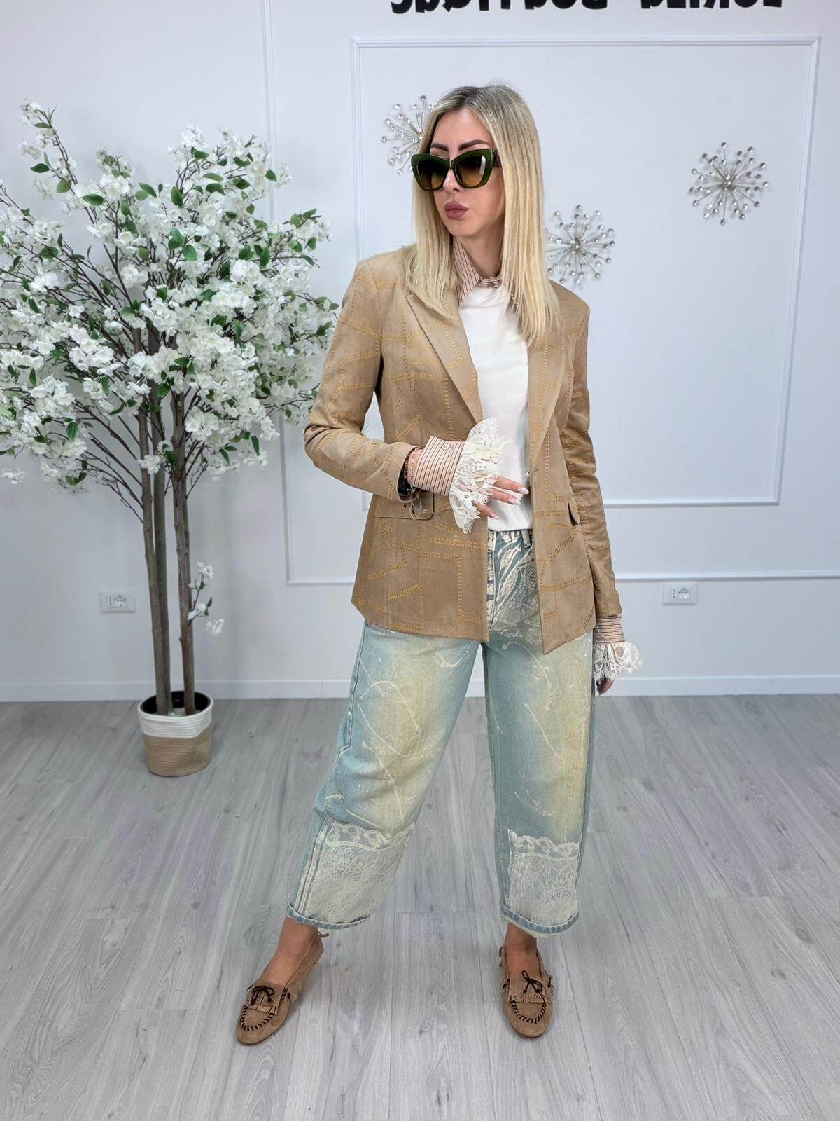 Susy Mix Blazer Donna Beige Suede Ricamato