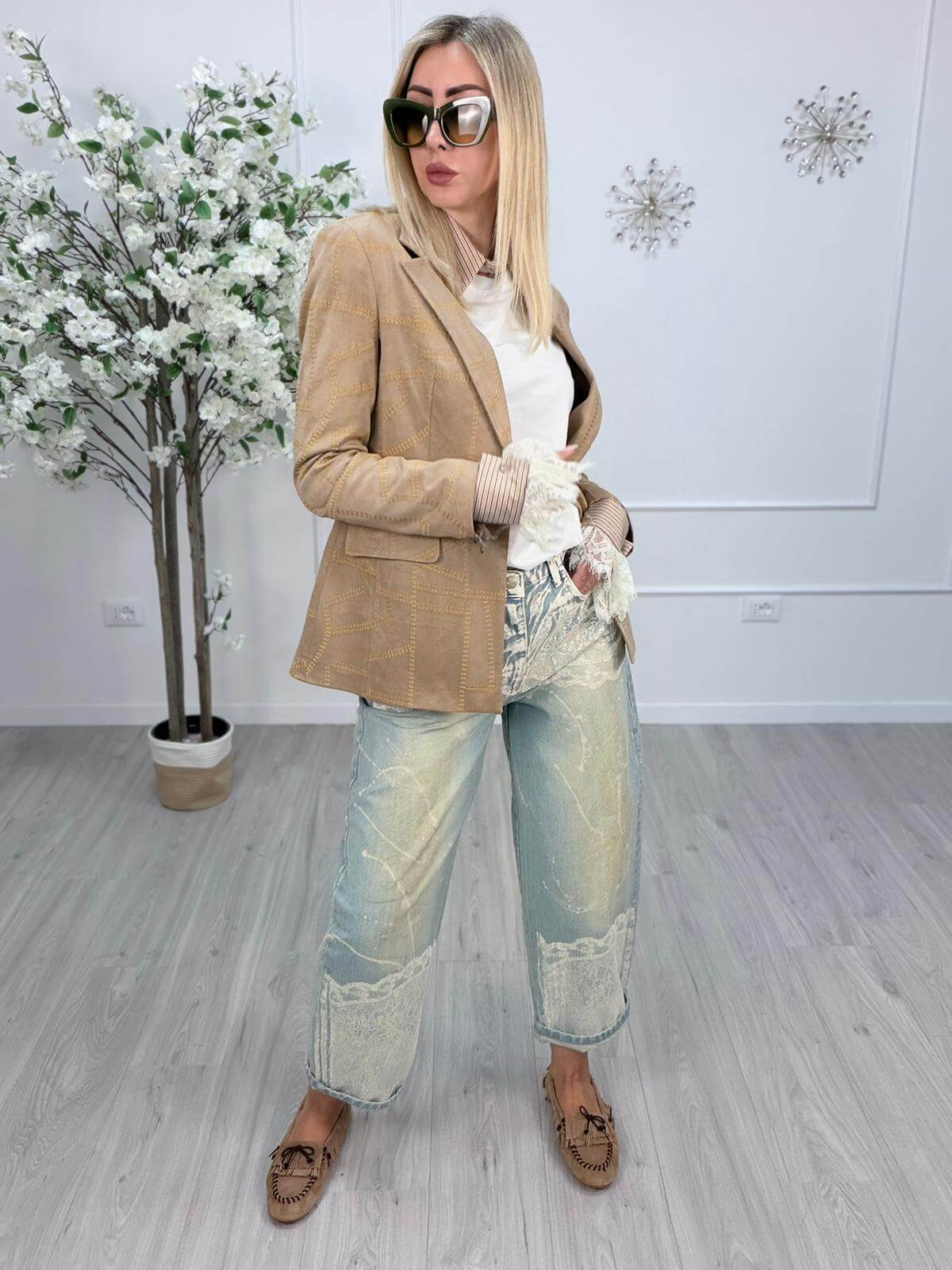 Susy Mix Blazer Donna Beige Suede Ricamato