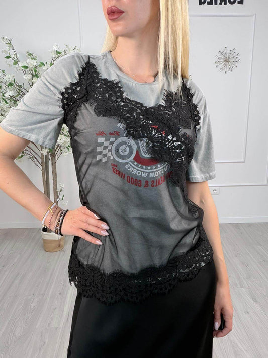 Vicolo T-shirt Donna con Pizzo Removibile Nero