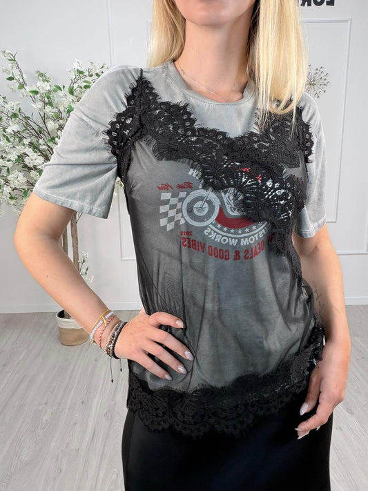 Vicolo T-shirt Donna con Pizzo Removibile Nero