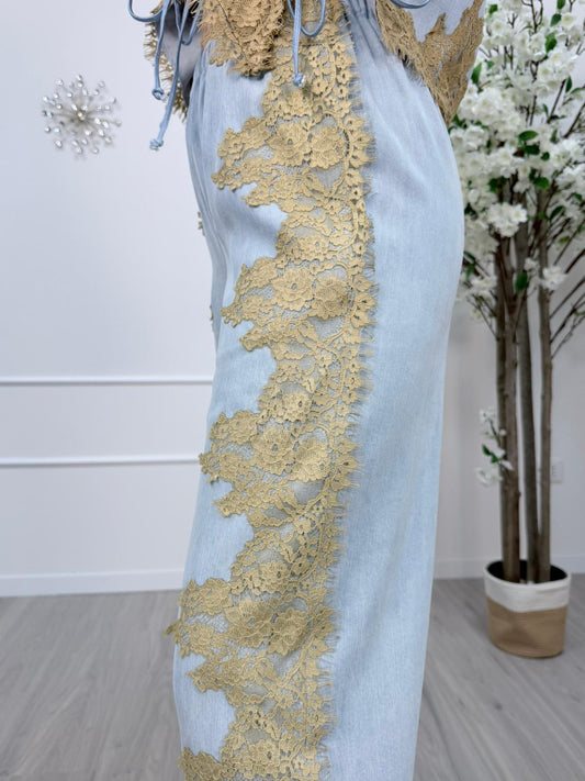 Philia Loft Pantalone Donna Denim con Inserti in Pizzo