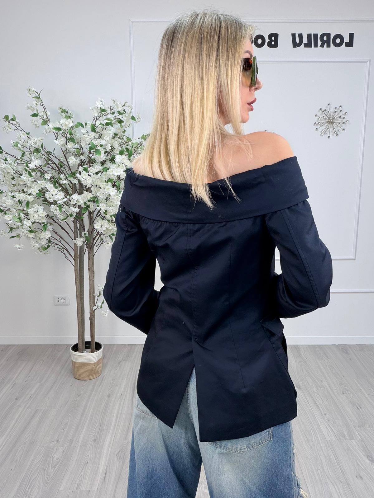 Giacca Tensione con scollo off-shoulder e fiocco – blu