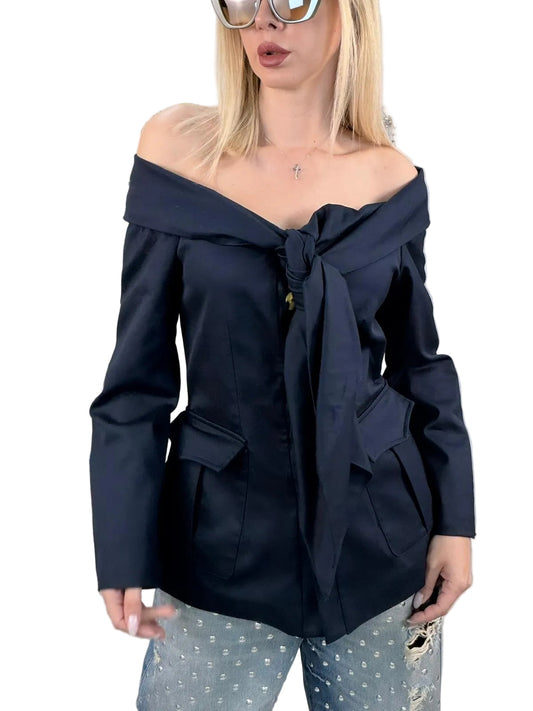 Giacca Tensione con scollo off-shoulder e fiocco – blu