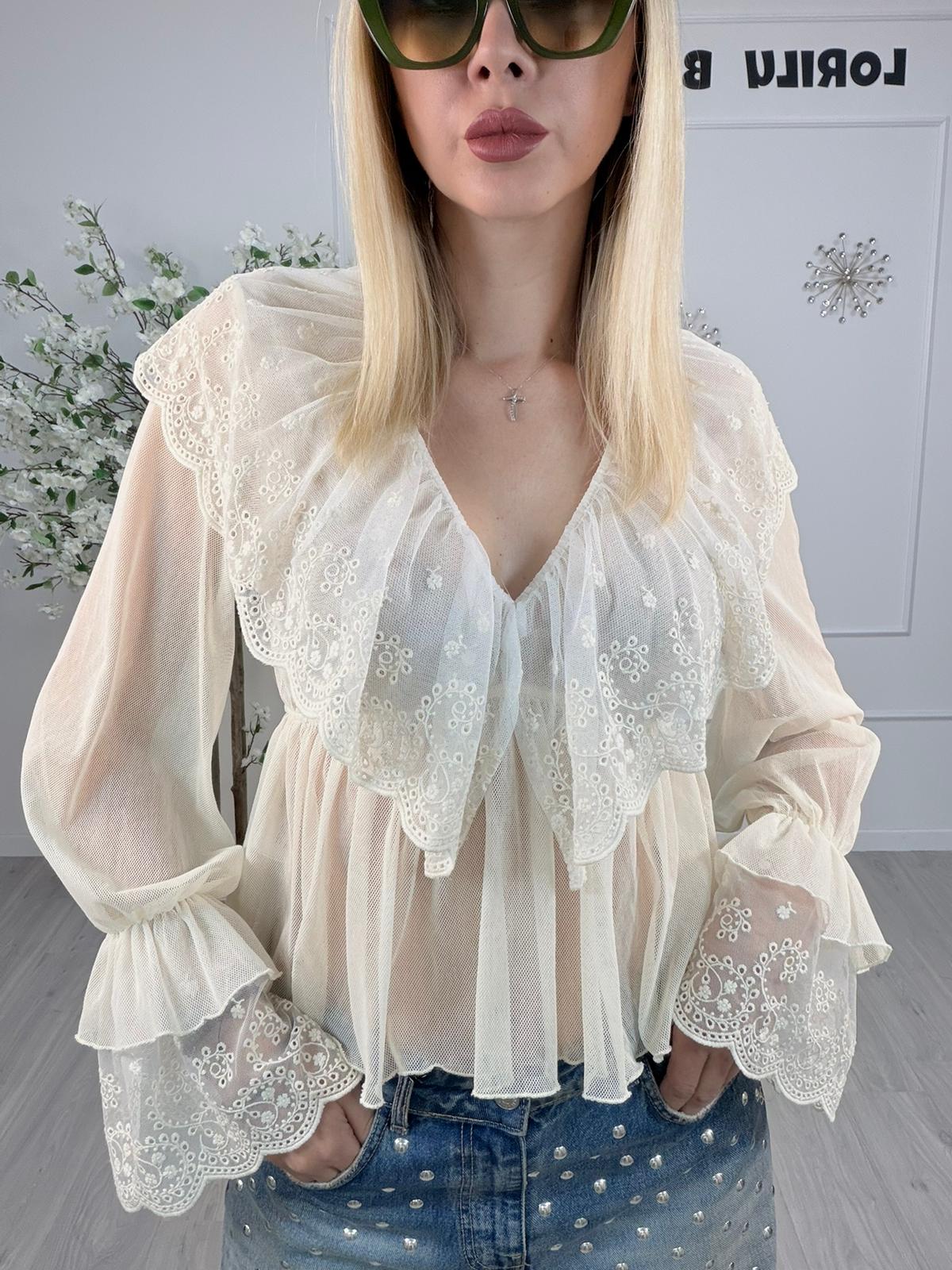 Blusa Tensione in cotone con ricami – panna