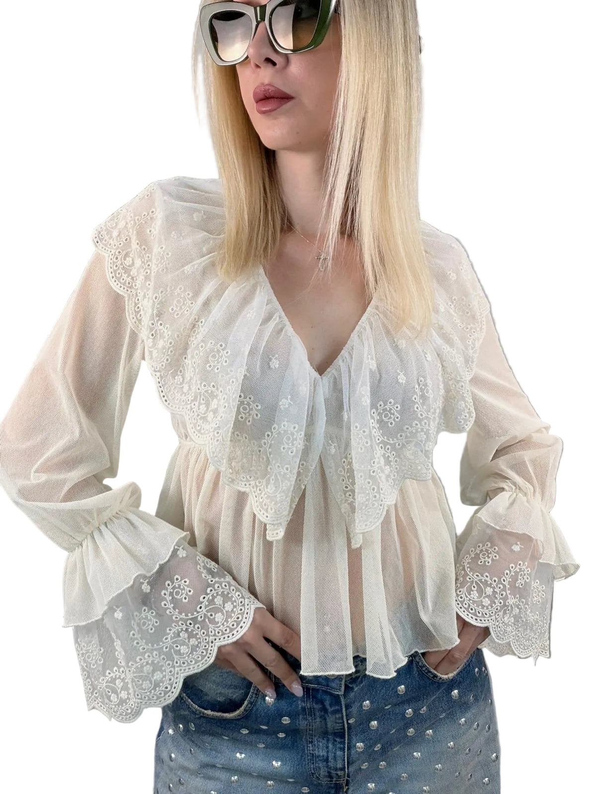 Blusa Tensione in cotone con ricami – panna