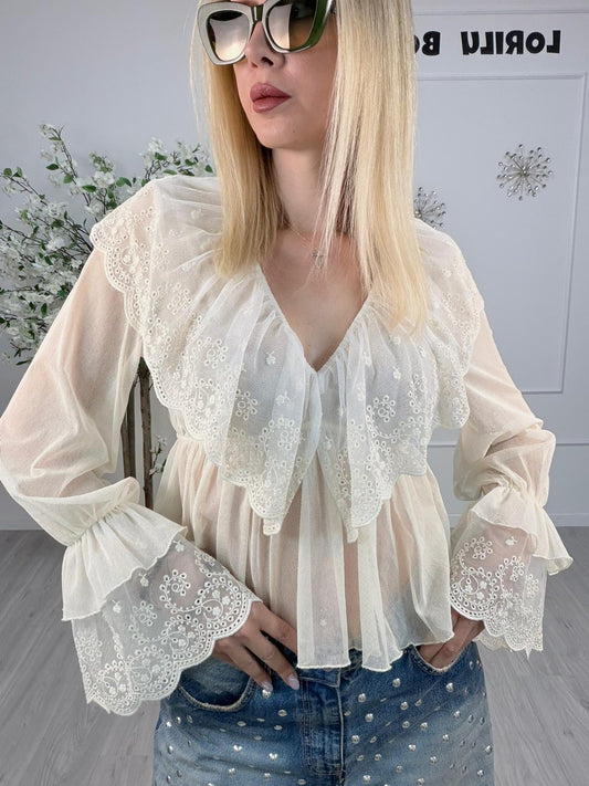 Blusa Tensione in cotone con ricami – panna