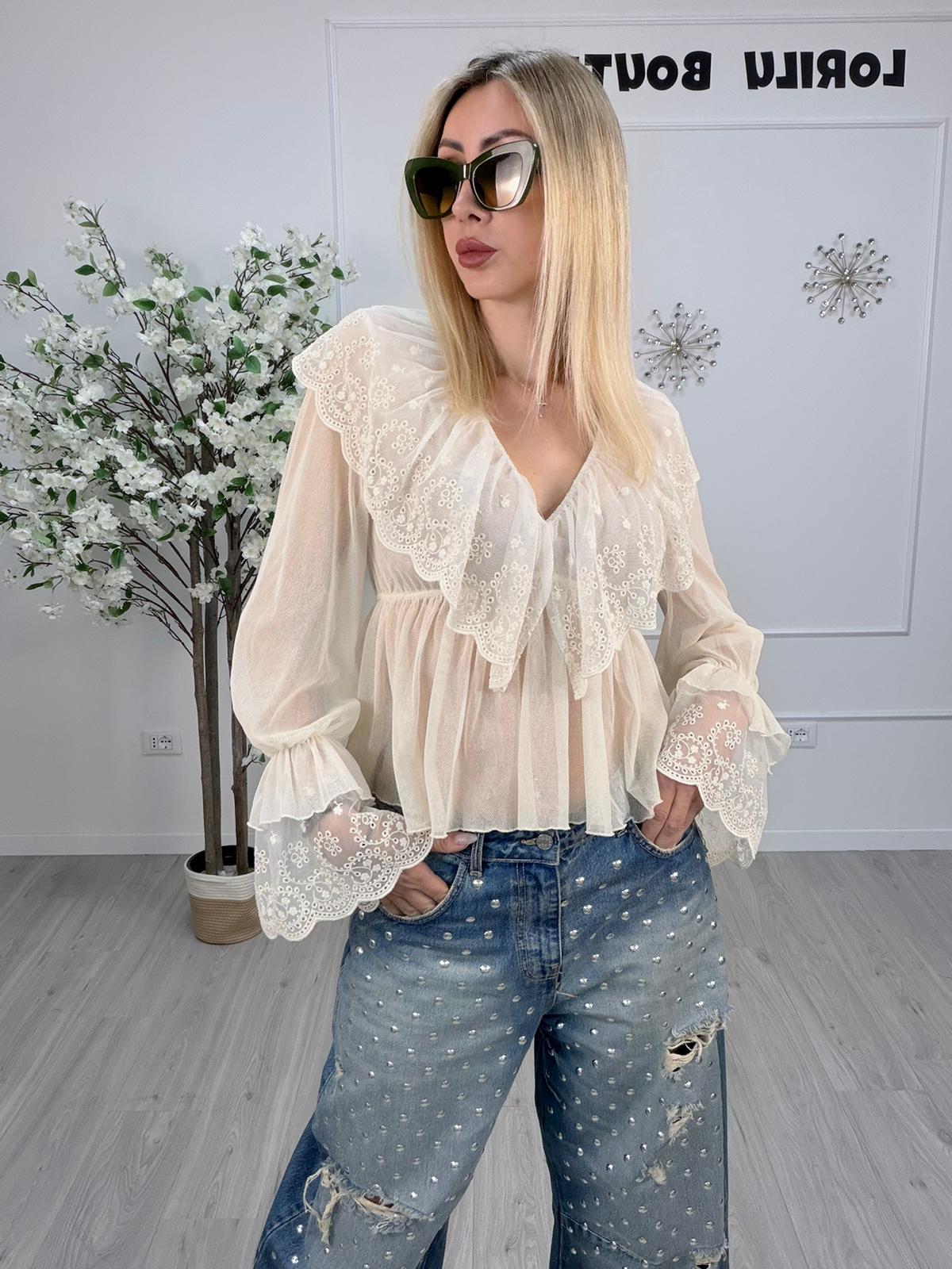 Blusa Tensione in cotone con ricami – panna