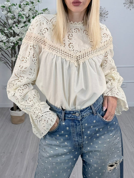 Camicia Tensione in cotone con pizzo – panna