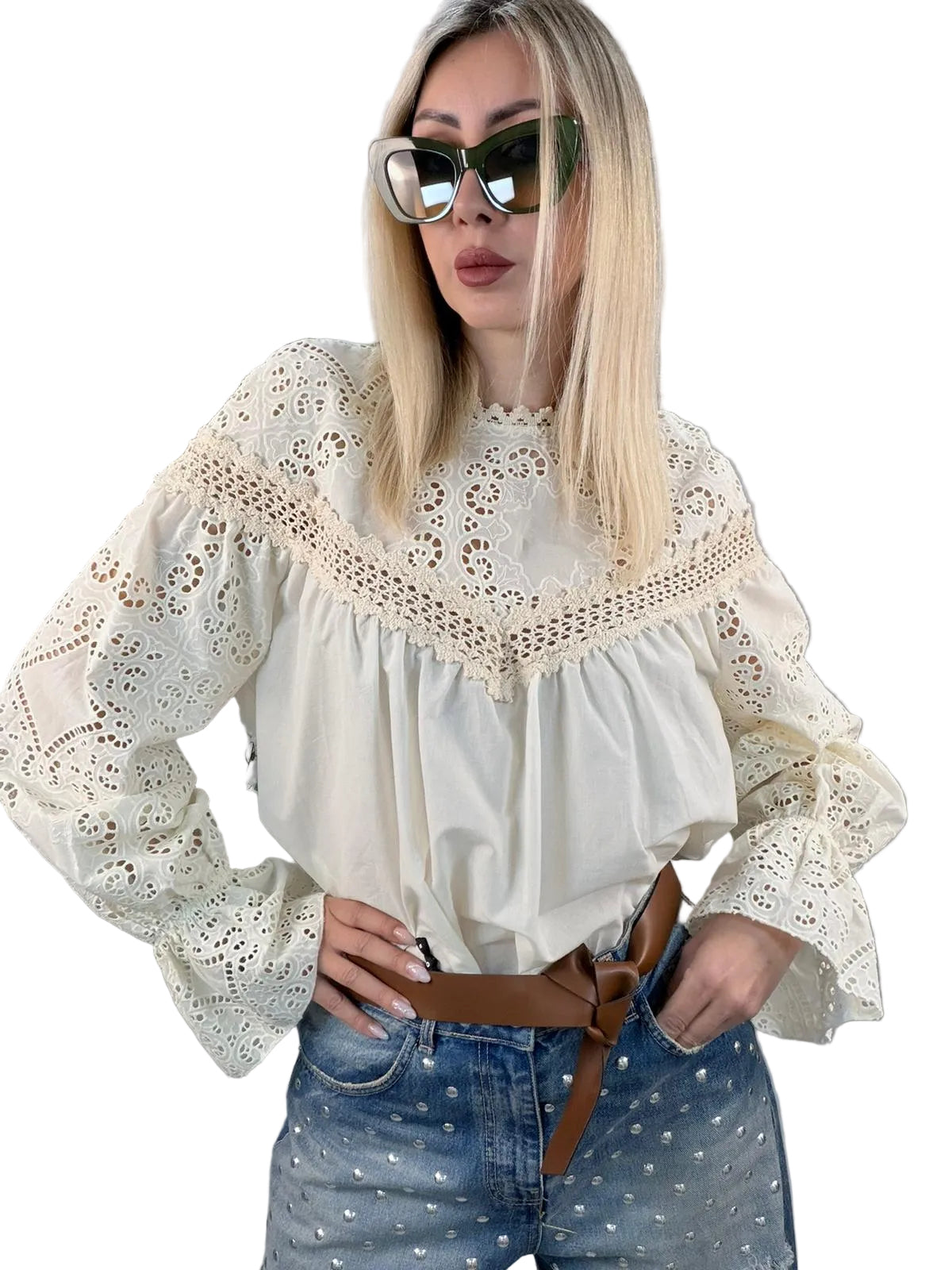 Camicia Tensione in cotone con pizzo – panna
