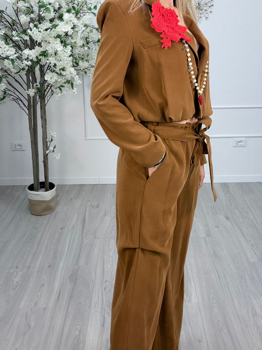 Pantalone Maryley fluido a vita alta color cammello