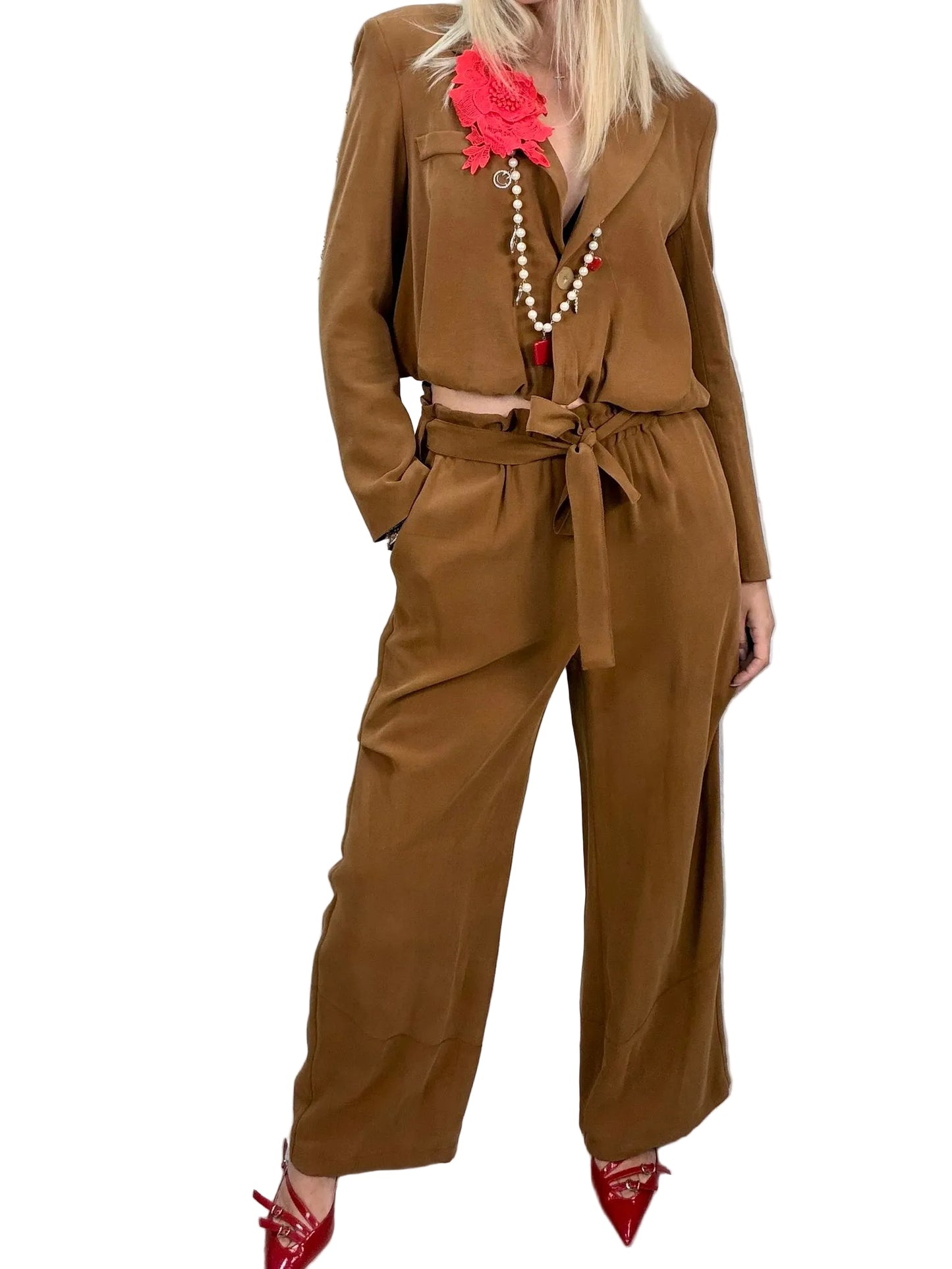Pantalone Maryley fluido a vita alta color cammello