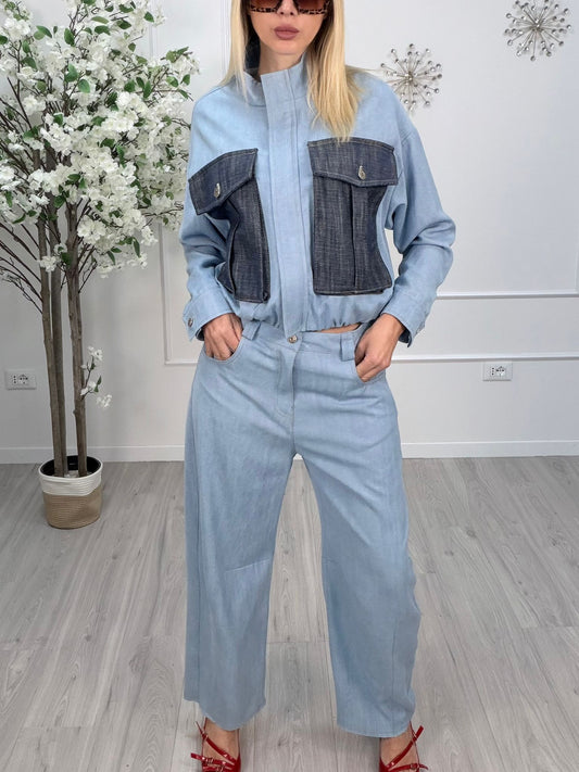 Bomber Maryley doppio denim con tasche a contrasto