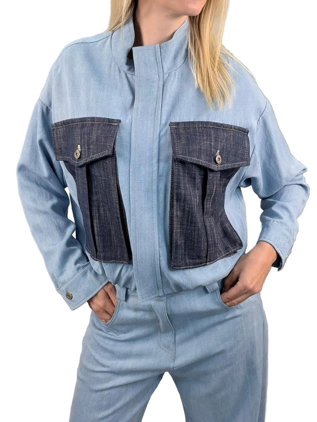 Bomber Maryley doppio denim con tasche a contrasto