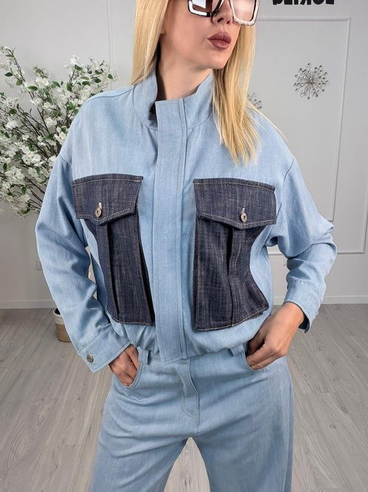 Bomber Maryley doppio denim con tasche a contrasto