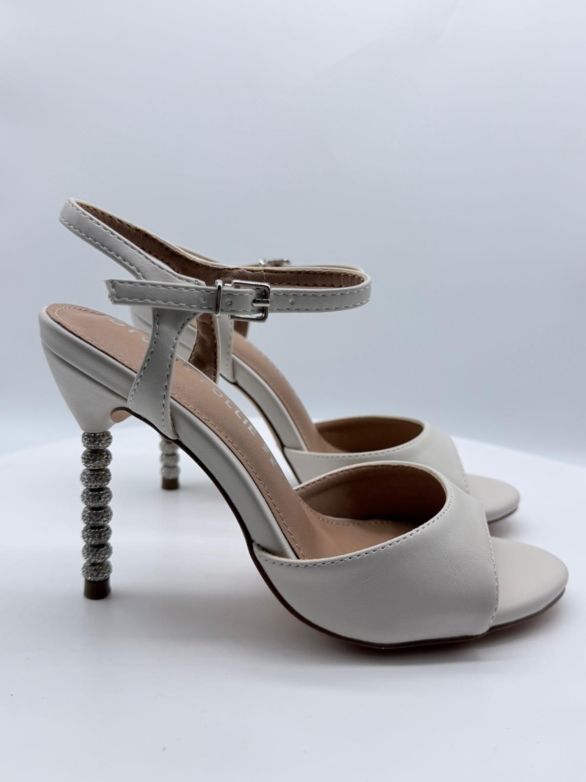 sandali off white tacco gioiello con strass luminosi e design elegante