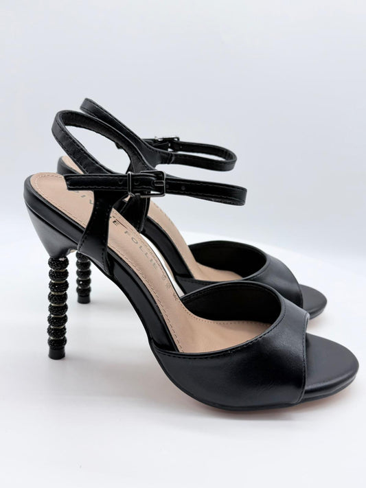 Sandali tacco gioiello neri con cinturino regolabile e tacco decorato in strass.