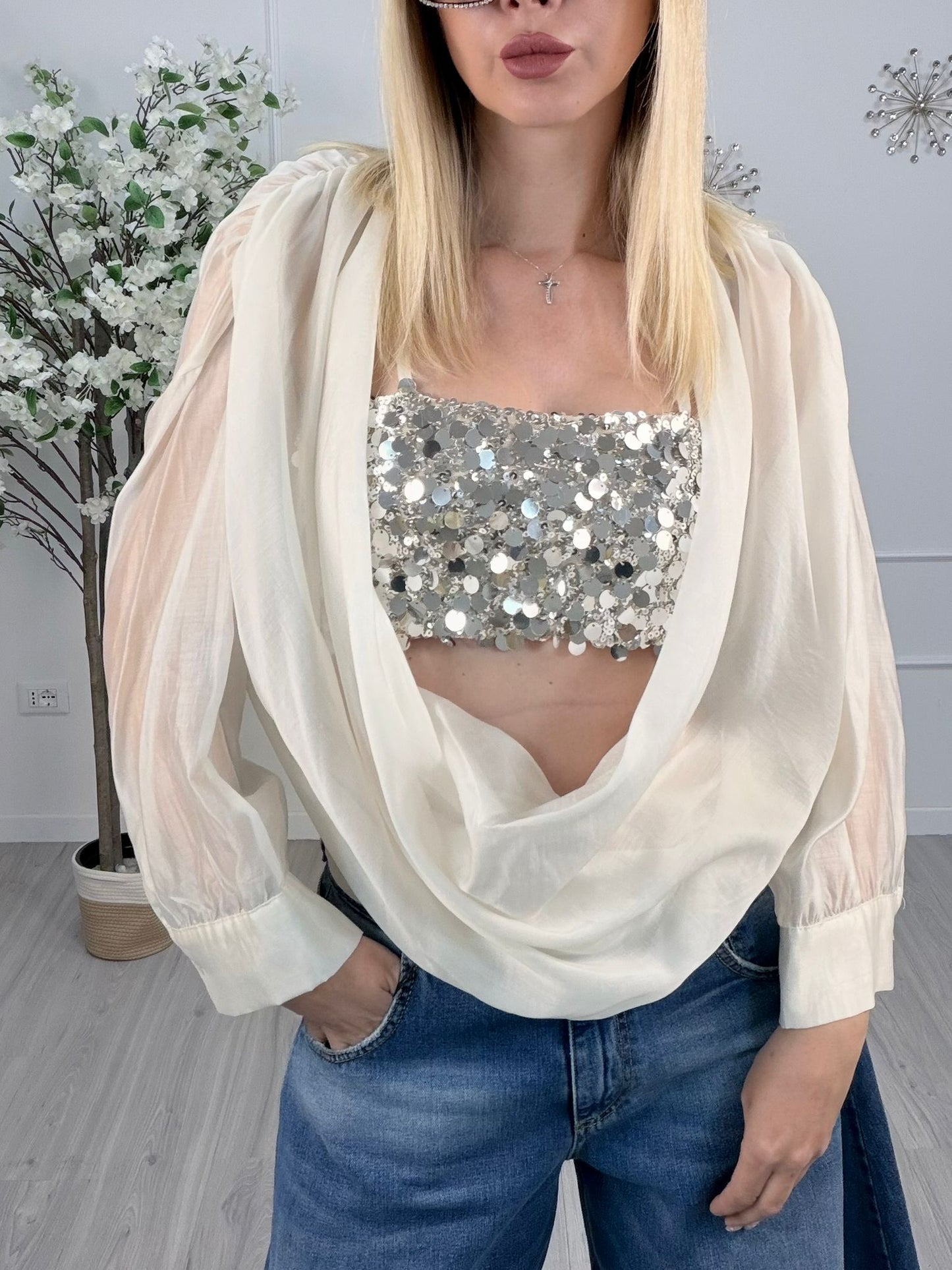 Camicia Haveone con Top Paillettes – Burro e Argento