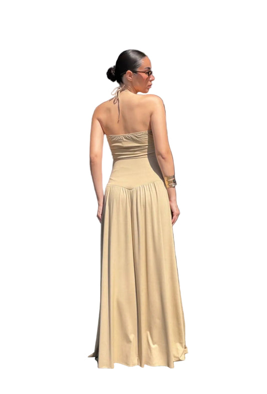 Completo King Kong in Viscosa con Dettaglio Gioiello – Top e Gonna Lunga Beige