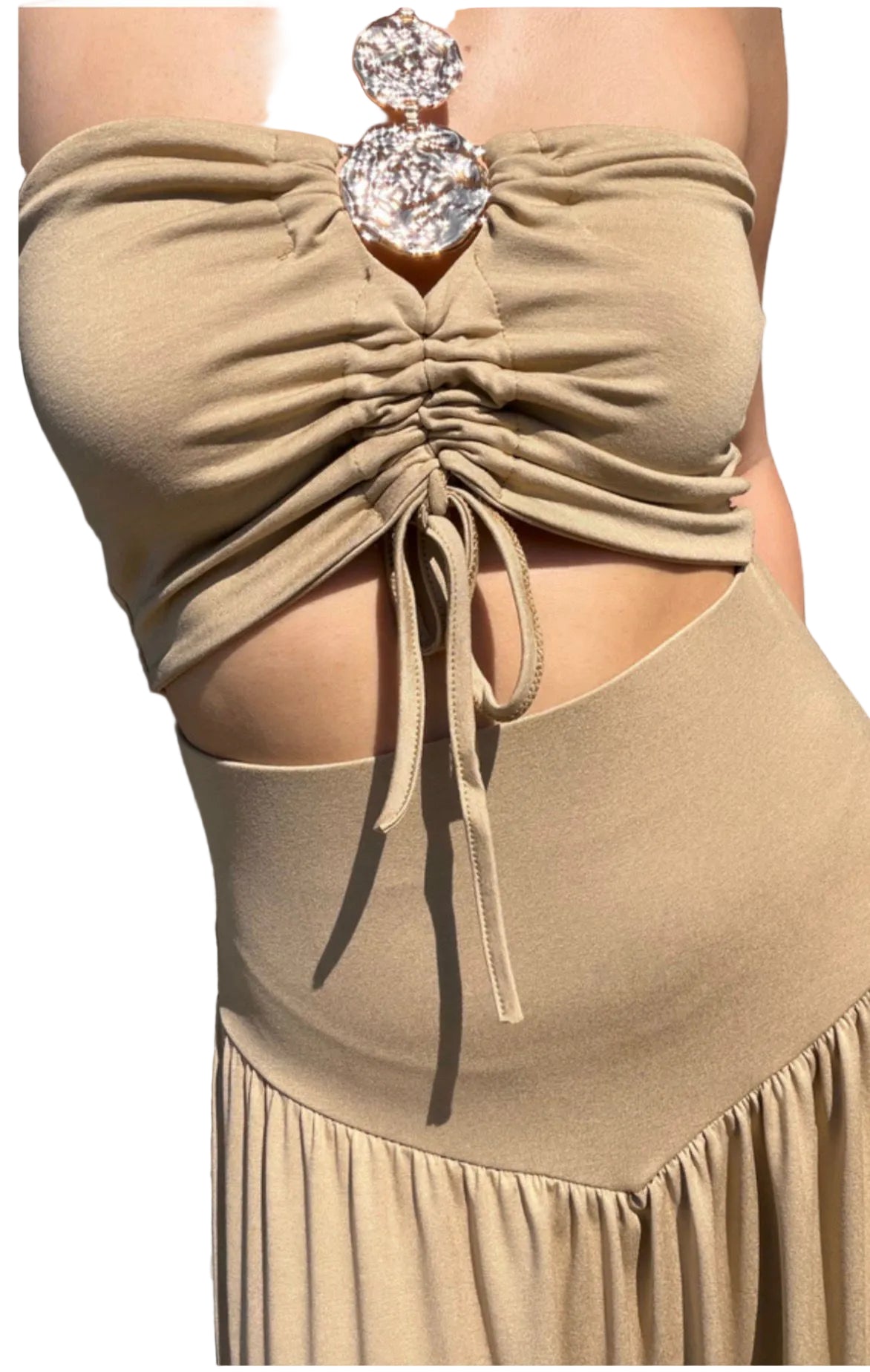Completo King Kong in Viscosa con Dettaglio Gioiello – Top e Gonna Lunga Beige